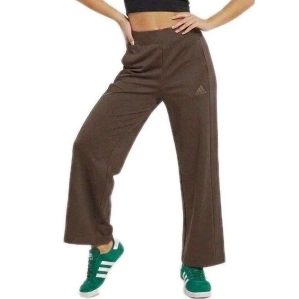 Adidas Womens Wide Leg Athletic Pants Chocolate Brown High Rise Zip Pocket XS